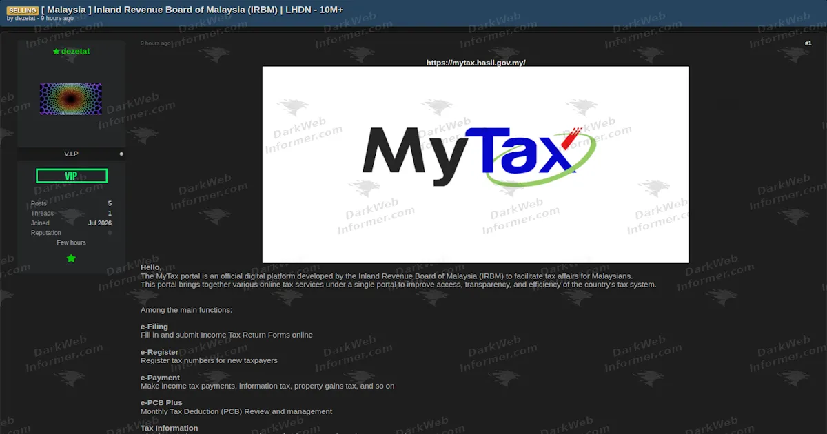 Malaysia's LHDN Tax Portal Data Offered for Sale, 10 Million Taxpayer Records Exposed