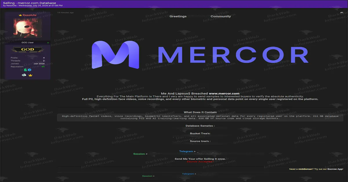 Mercor Breached, Biometric Face and Voice Data on Every Registered User Offered for Sale
