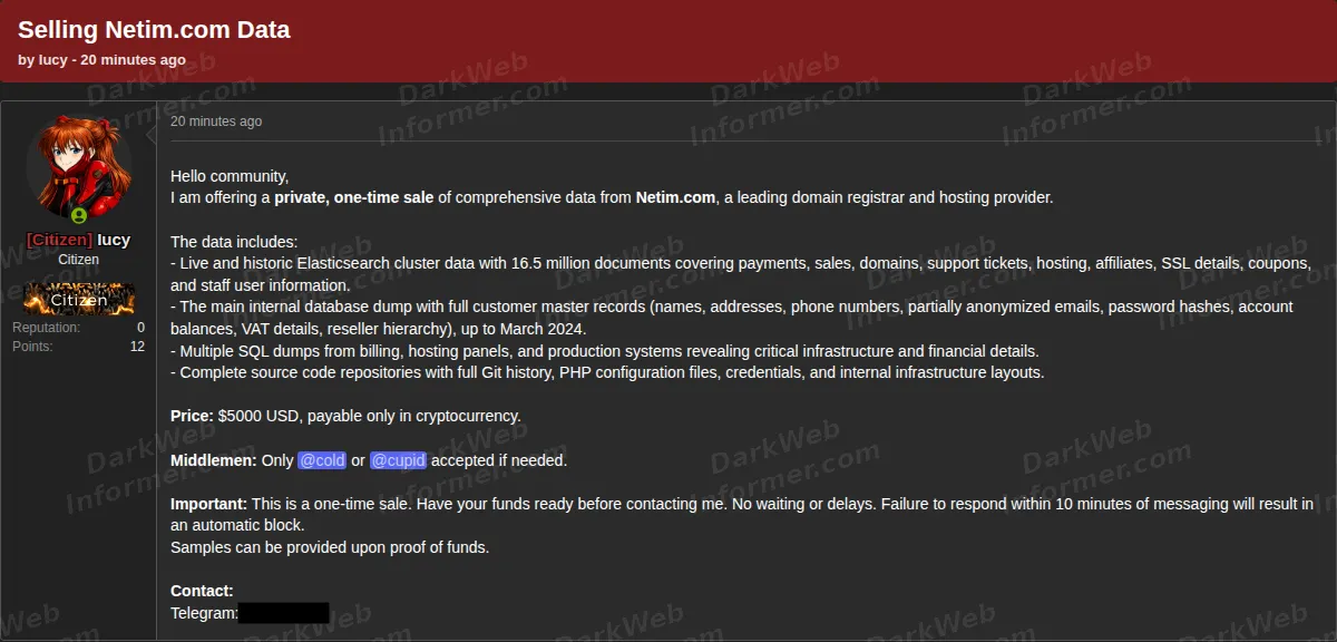Netim domain registrar data for sale forum post screenshot, June 2026
