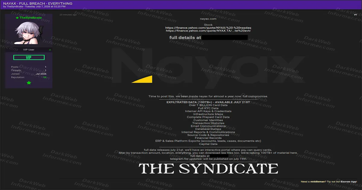 Payment Firm Nayax Allegedly Fully Breached, Actor Threatens 100TB Release With Over 1 Billion Card Records