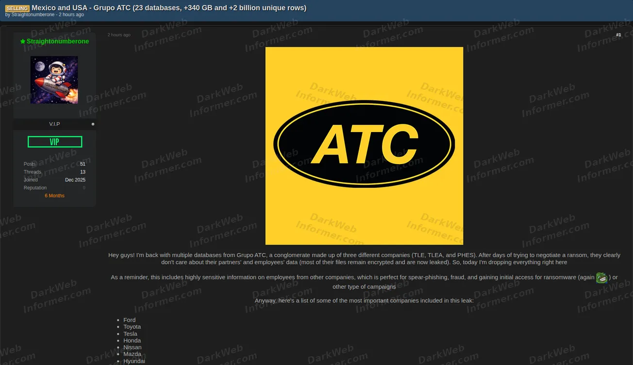 Grupo ATC data for sale forum post screenshot, July 2026 (1 of 2)