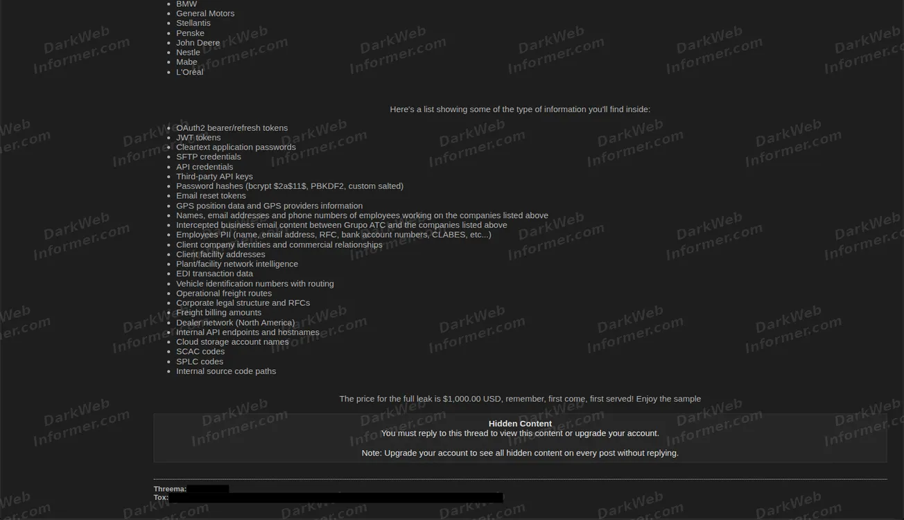 Grupo ATC data for sale forum post screenshot, July 2026 (2 of 2)