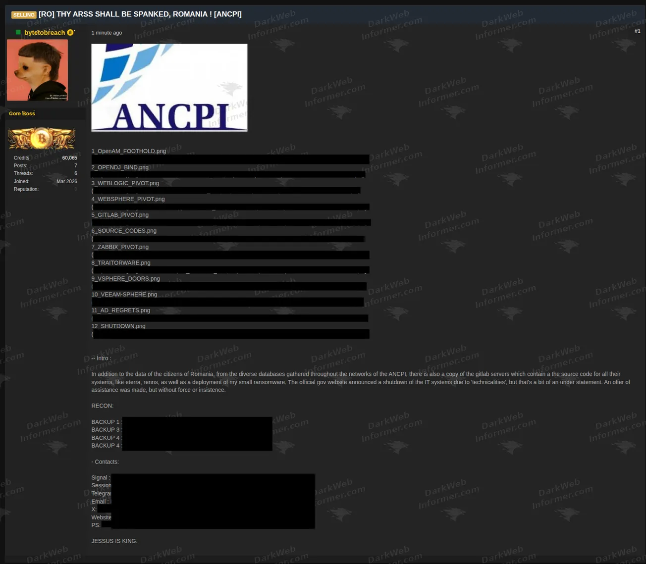 ANCPI Romania land registry data breach forum post screenshot, July 2026
