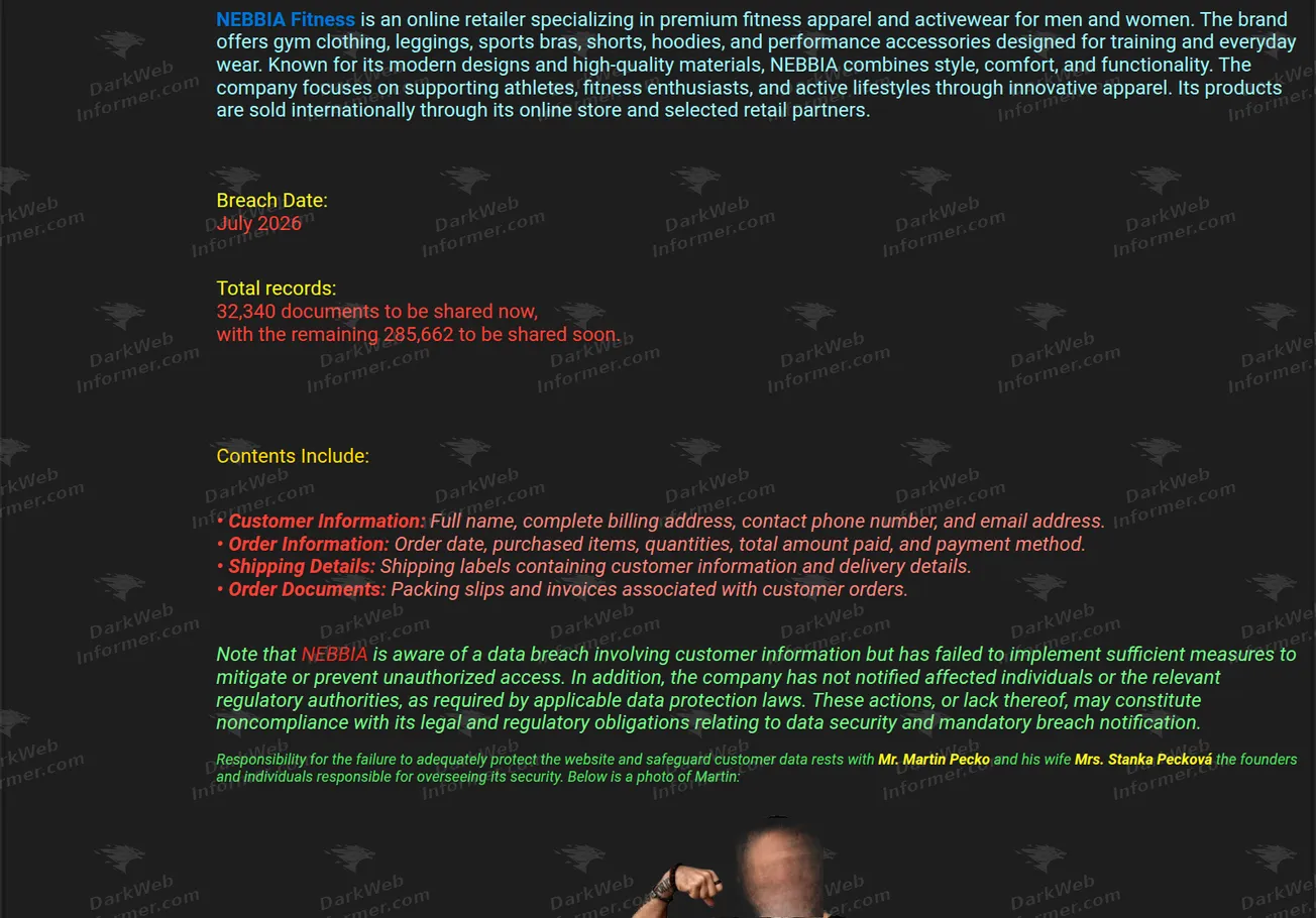 NEBBIA Slovak fitness apparel data breach forum post screenshot, July 2026 (2 of 3)