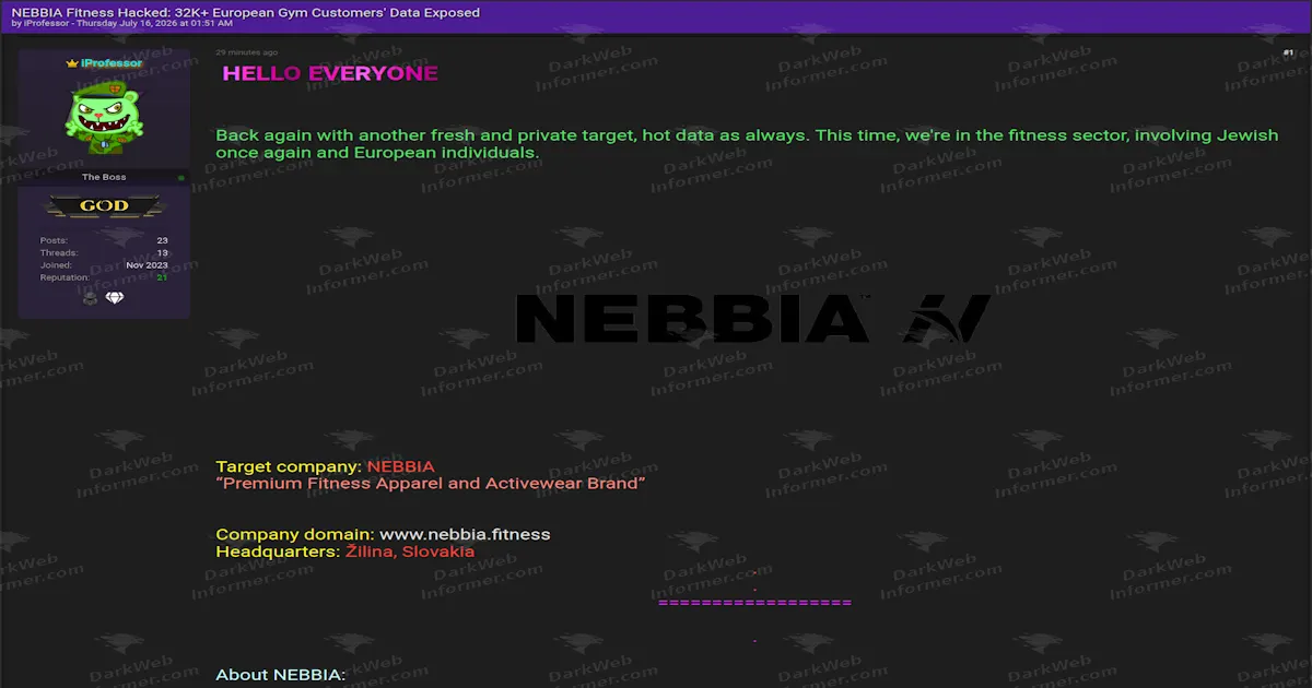 Slovak Fitness Brand NEBBIA Allegedly Breached, Over 32,000 Customer Records Leaked With More Threatened