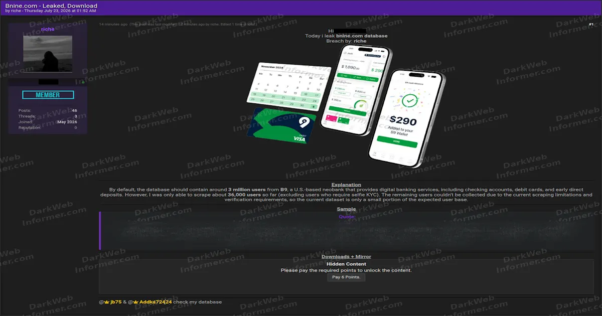 B9 Neobank Data Allegedly Scraped, 36,000 Records With Partial SSNs and Dates of Birth Posted