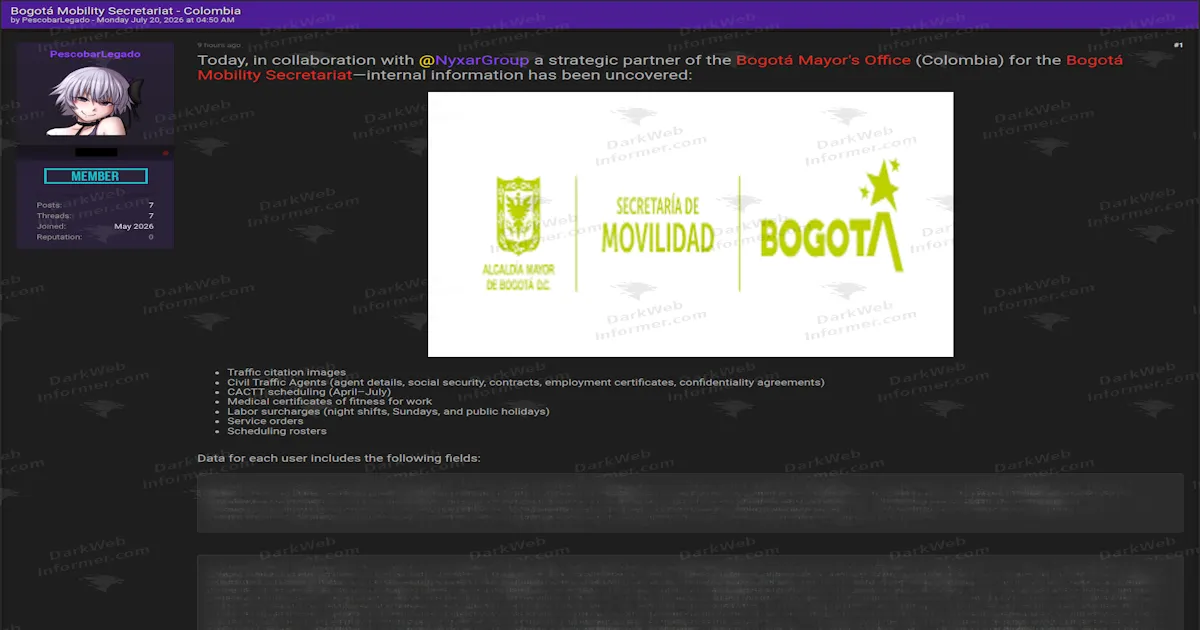 Bogotá Mobility Secretariat Allegedly Breached, 5.6GB of Traffic Agent and Citation Data Listed for $500