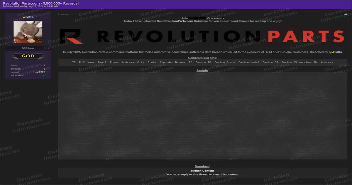 RevolutionParts Database Allegedly Leaked, 5.1 Million Customer Records Posted for Free