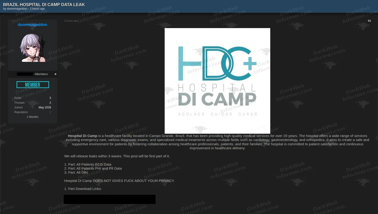 Hospital Di Camp Brazil hospital patient data breach forum post screenshot, July 2026