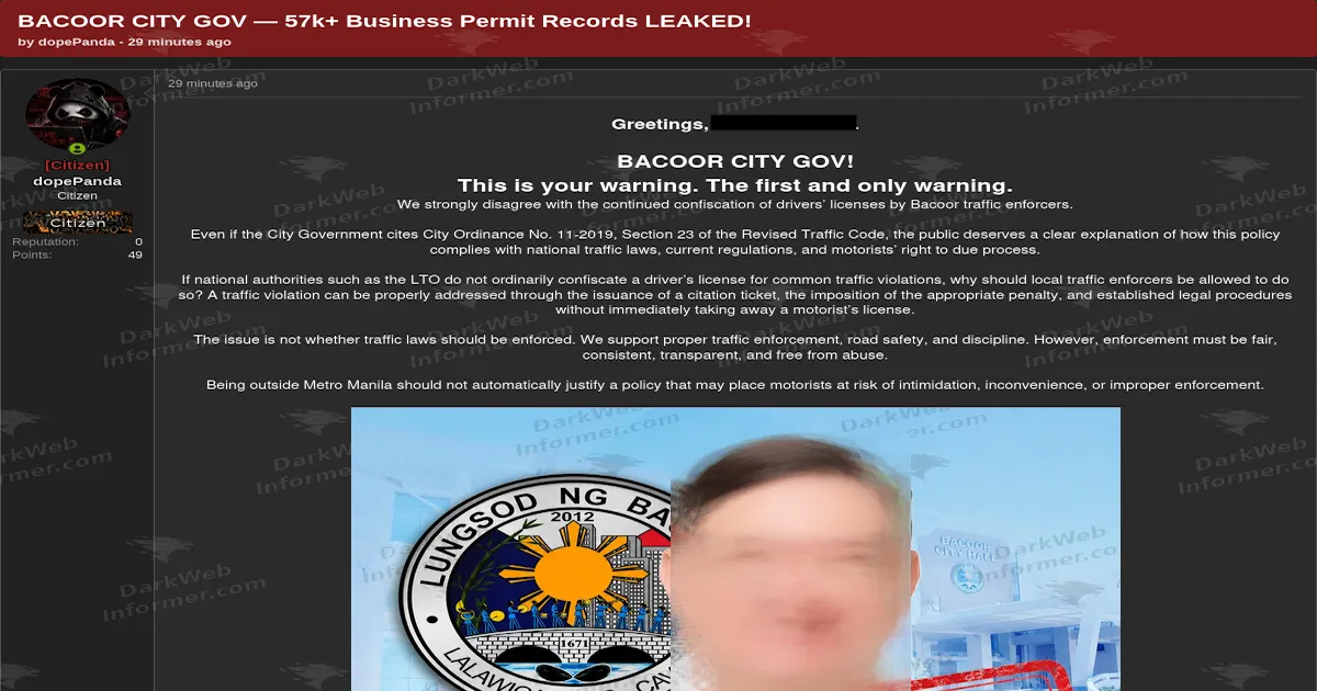 Bacoor City Government Allegedly Breached, 57,000+ Business Permit Records Leaked With One-Week Ultimatum