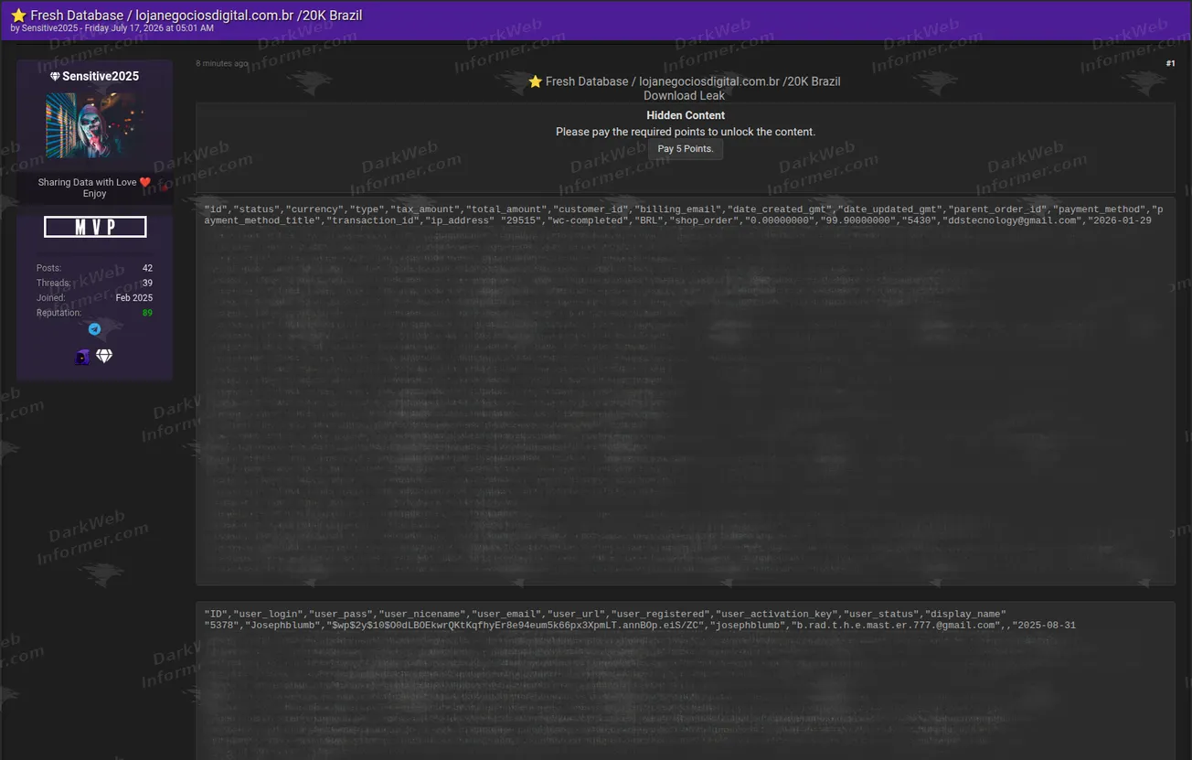 Loja Negócios Digital Brazilian online store data breach forum post screenshot, July 2026 (1 of 2)