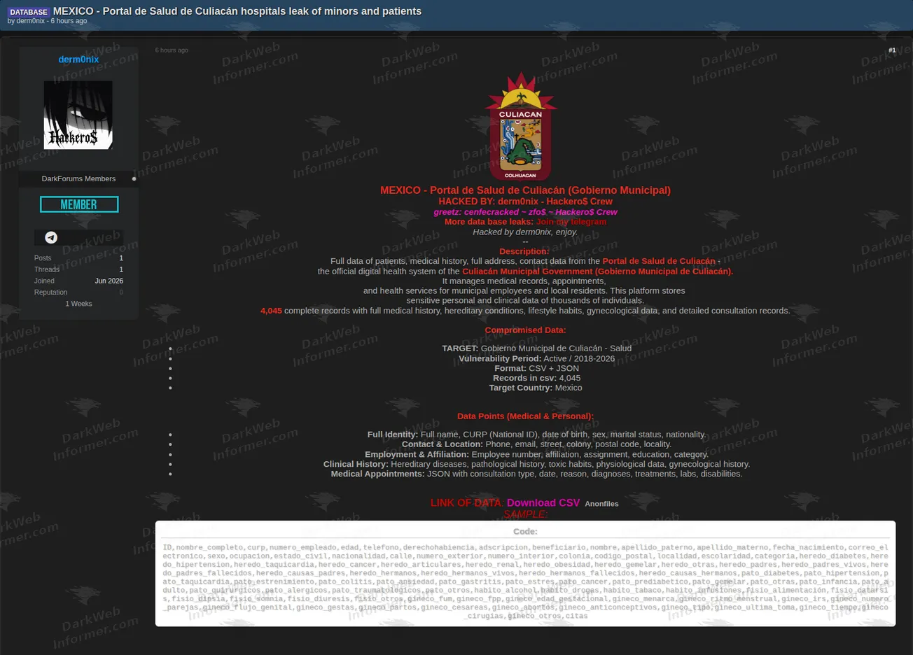 Culiacan municipal health portal data breach forum post screenshot, July 2026