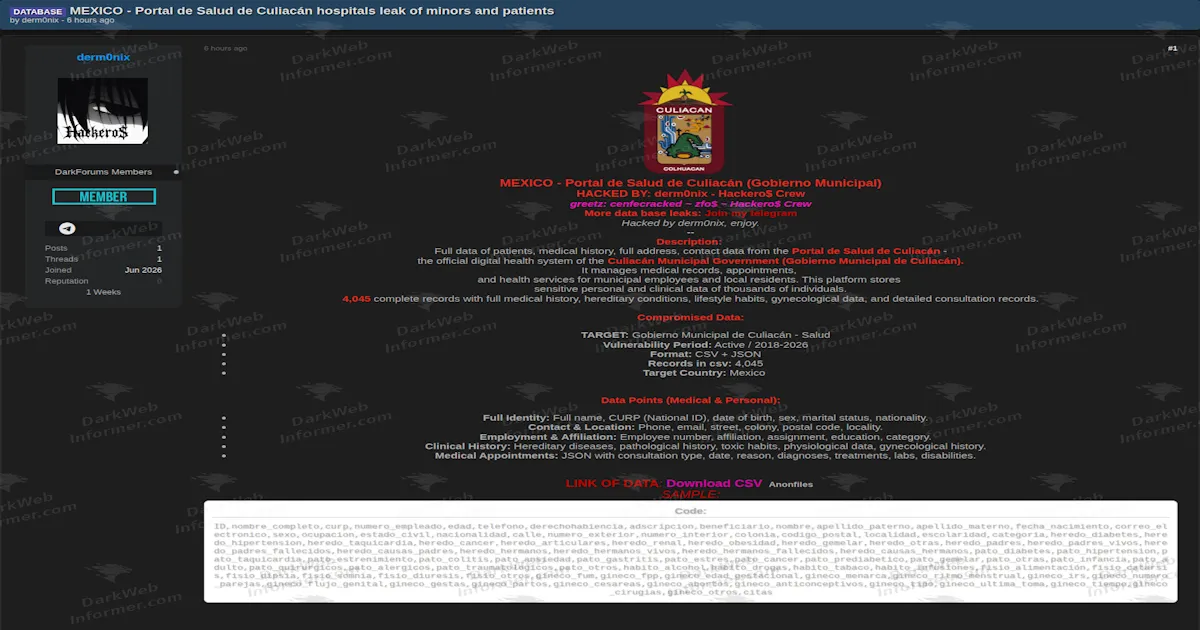 Culiacán Municipal Health Portal Breached in Mexico, Minors' and Patients' Medical Records Leaked