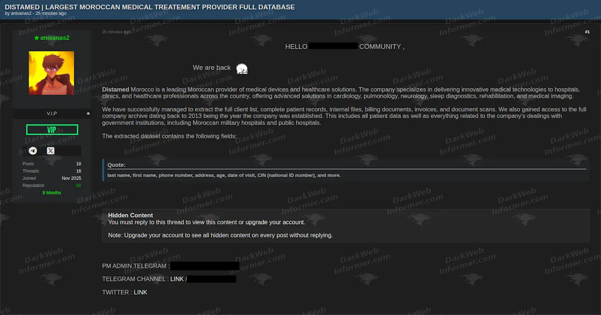 Moroccan Medical Provider Distamed Allegedly Breached, Patient Records and 13 Years of Company Archive Claimed