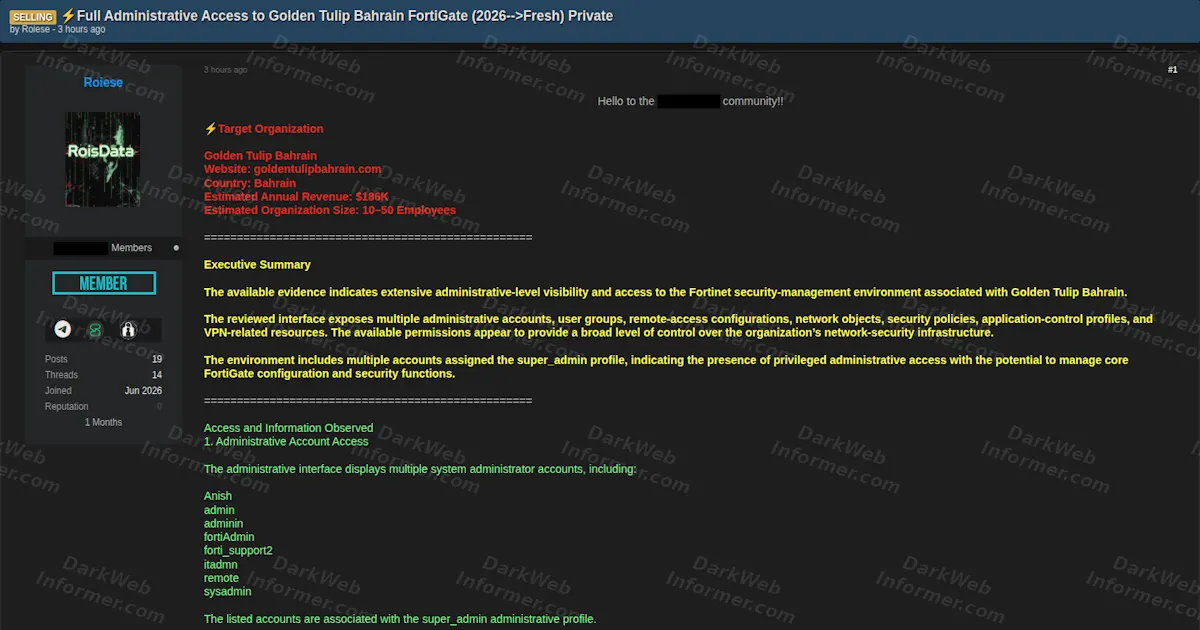 Broker Advertises Super Admin Access to Golden Tulip Bahrain FortiGate Firewall