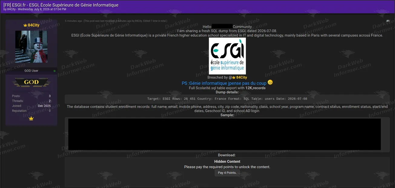 ESGI French IT school student data breach forum post screenshot, July 2026