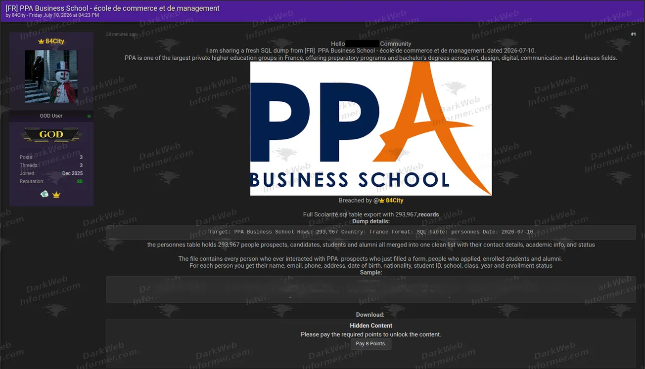 PPA Business School French higher education data breach forum post screenshot, July 2026