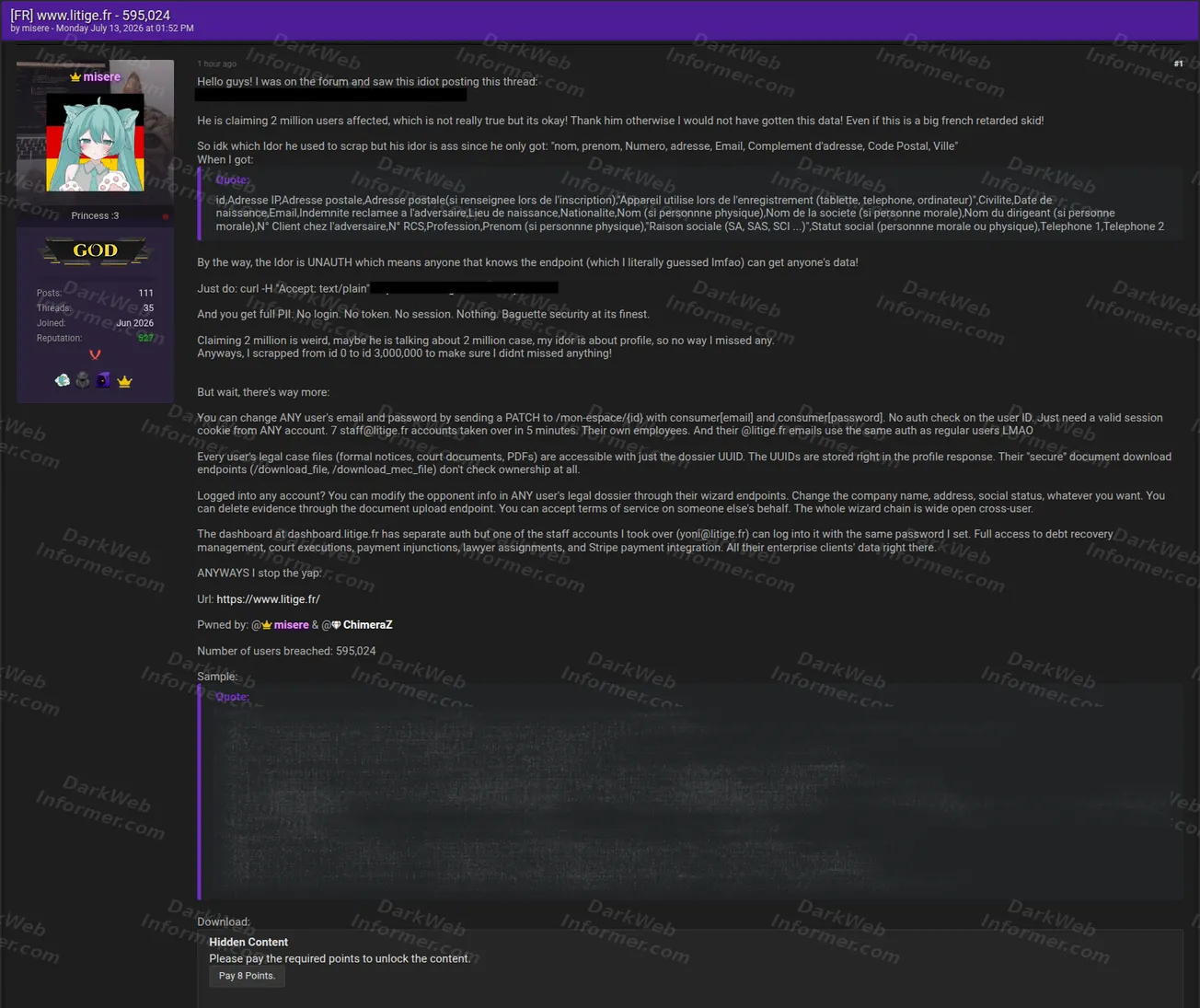 Litige.fr French legal platform data breach forum post screenshot, July 2026
