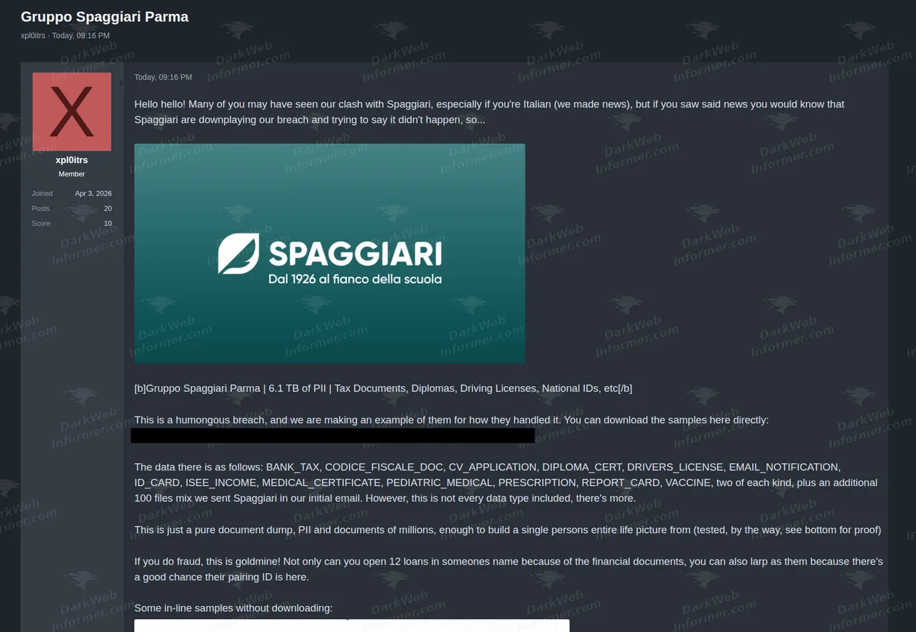 Forum listing offering 6.1 TB of documents attributed to Gruppo Spaggiari Parma, August 2026