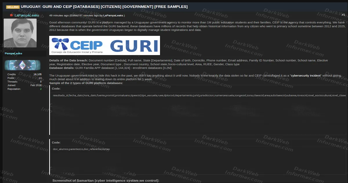 Uruguay's Primary Education Databases Allegedly Breached, 1M+ Children's Records Offered for Sale and Query