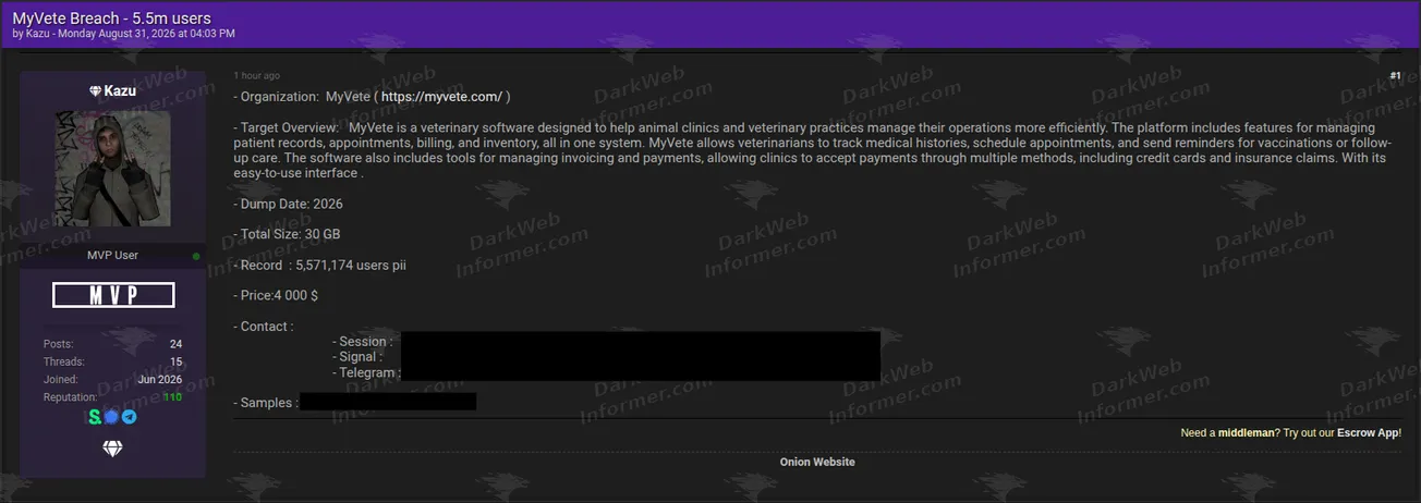 Forum listing selling an alleged MyVete database of over five million records, August 2026