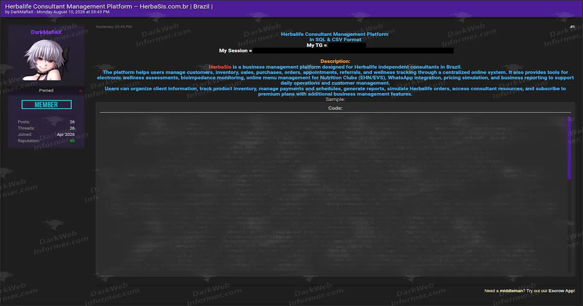 HerbaSis Database Allegedly Leaked, Exposing Brazilian Customers' Medical Conditions and National ID Numbers