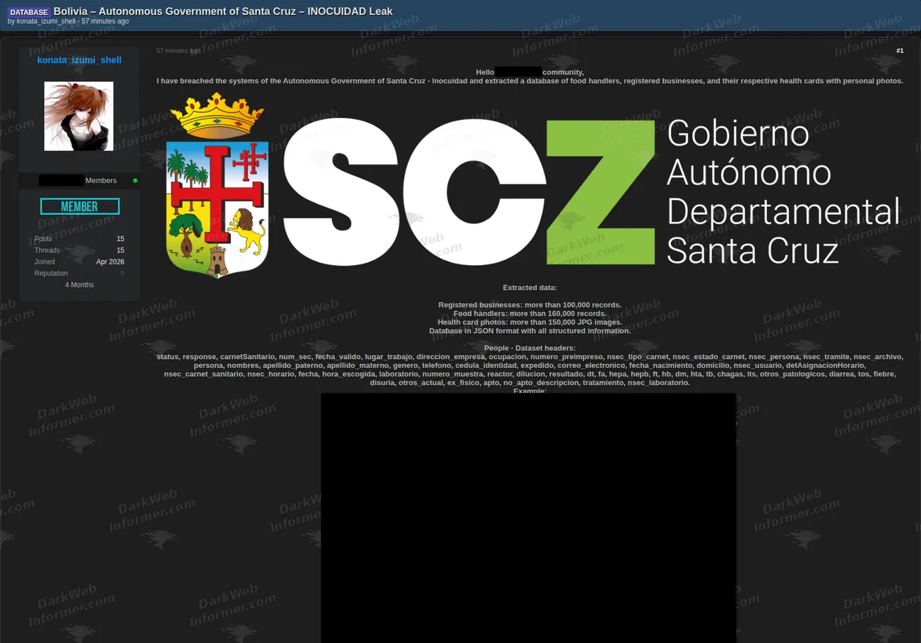 INOCUIDAD Santa Cruz Bolivia government database leak forum post screenshot, August 2026