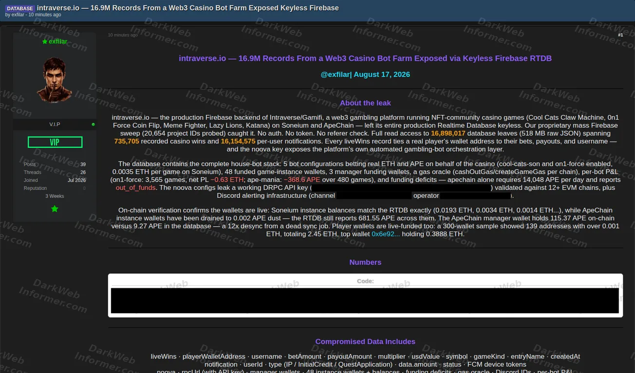 intraverse.io web3 casino Firebase database leak forum post screenshot, August 2026