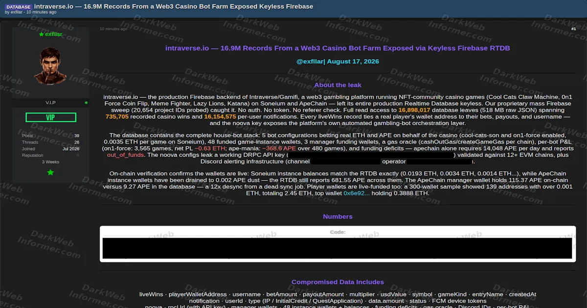 Web3 Casino Intraverse Allegedly Exposed by a Keyless Firebase Database, Including Its Own House Bot Stack