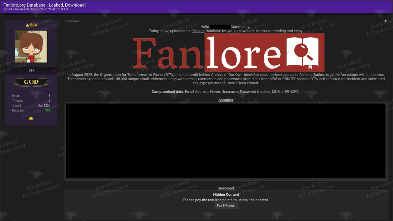 Forum post publishing an account database attributed to the Fanlore wiki, August 2026