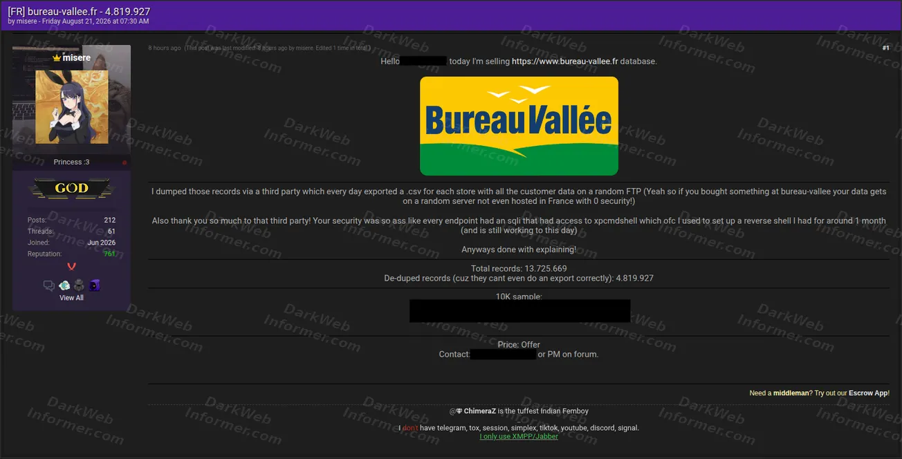 Bureau Vallee France customer database sale forum post screenshot, August 2026