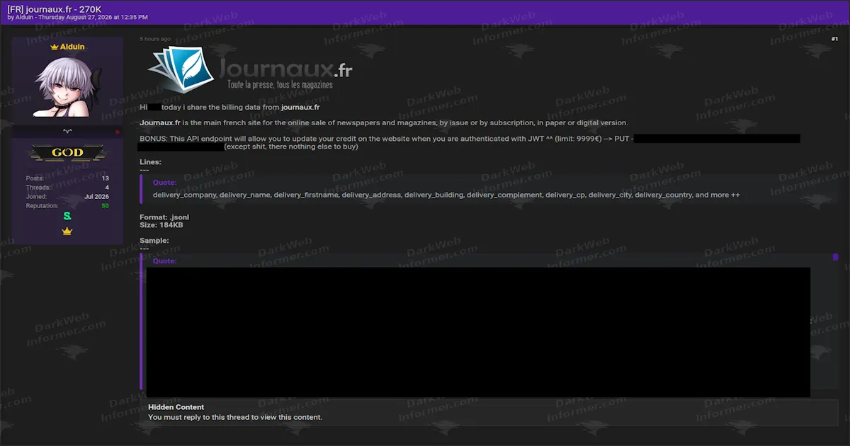 Journaux.fr Delivery Records Shared Alongside an Unpatched Credit Flaw