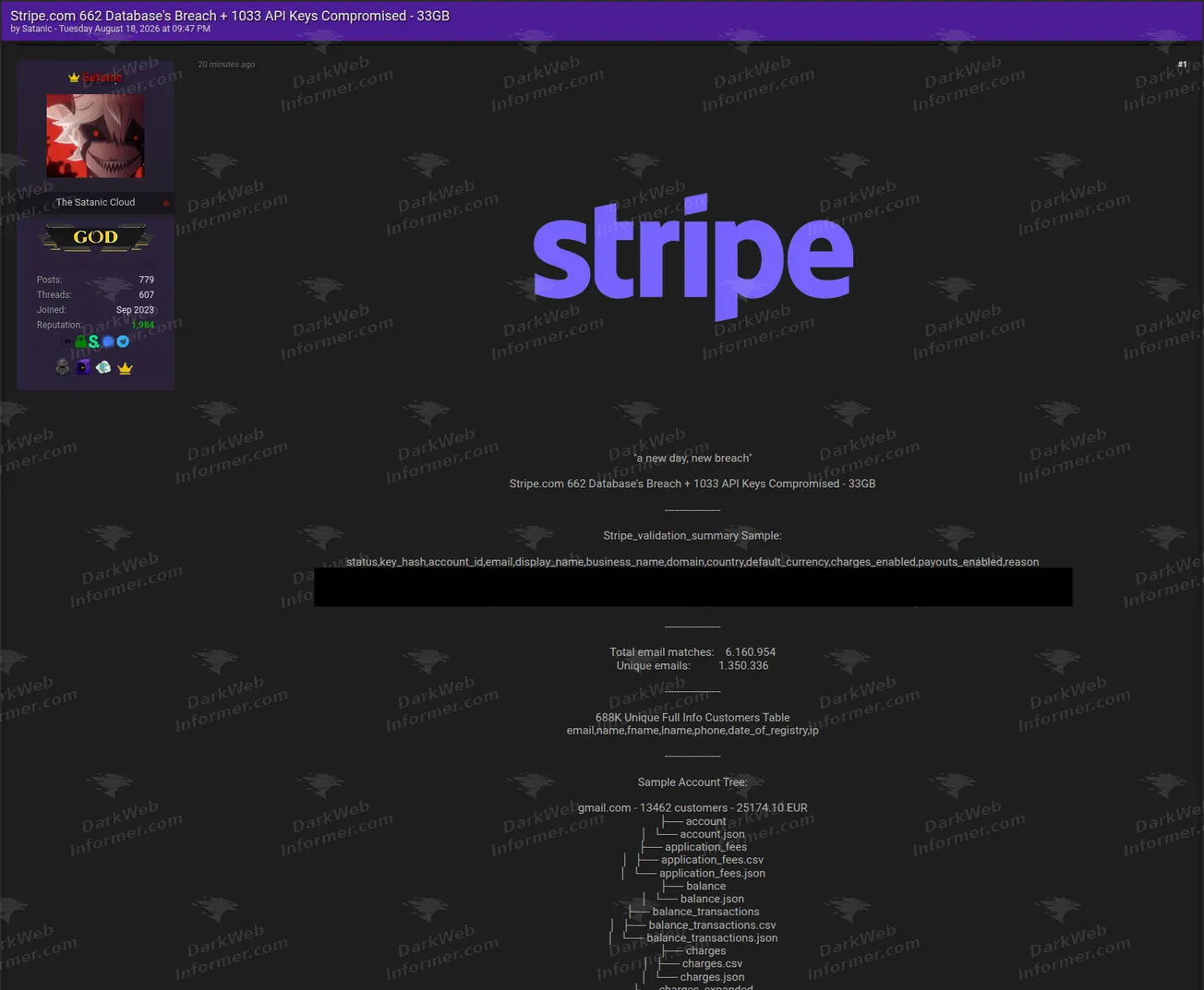 Stripe merchant API key compromise forum post screenshot, August 2026