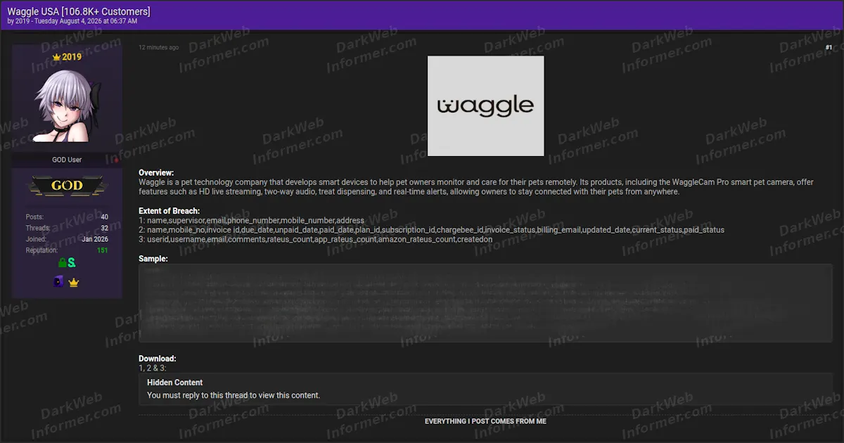 Waggle Database Allegedly Leaked, 106,800+ Pet Camera Customers Exposed Across Three Tables