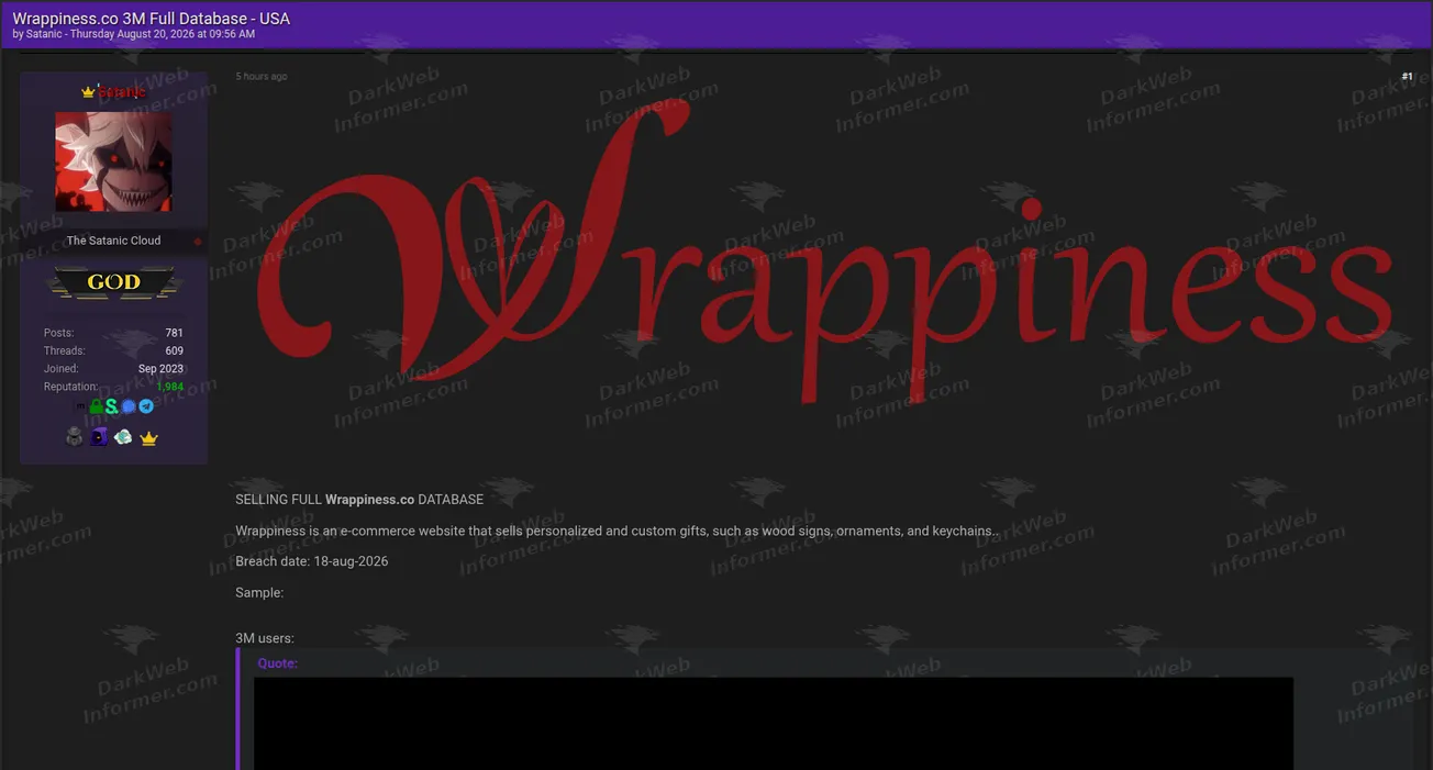Wrappiness.co United States customer database sale forum post screenshot, August 2026