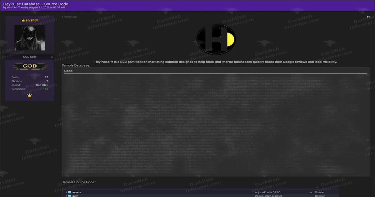 HeyPulse Database and Full Source Code Allegedly Leaked, Exposing French Small Business Clients