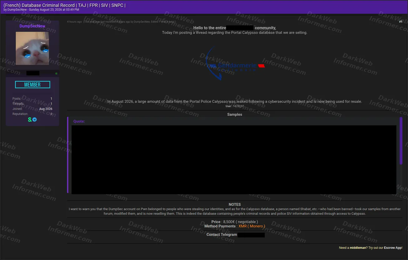 Forum listing selling data described as coming from the French Calypsso police portal, August 2026