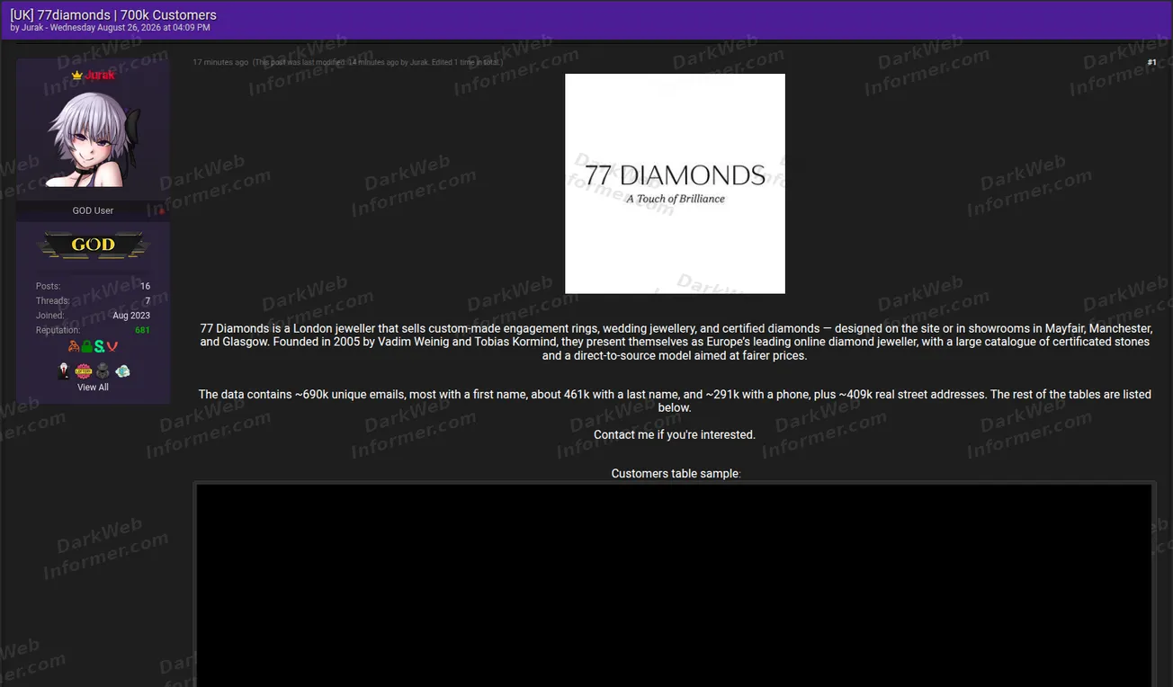 Forum listing selling an alleged 77 Diamonds customer database of around 690,000 records, August 2026