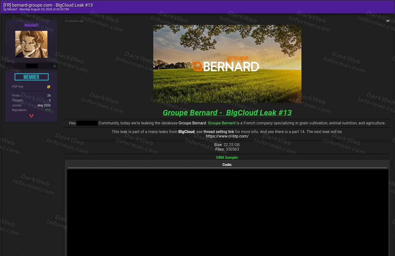 Forum post publishing data attributed to Groupe Bernard as part of a series of platform leaks, August 2026