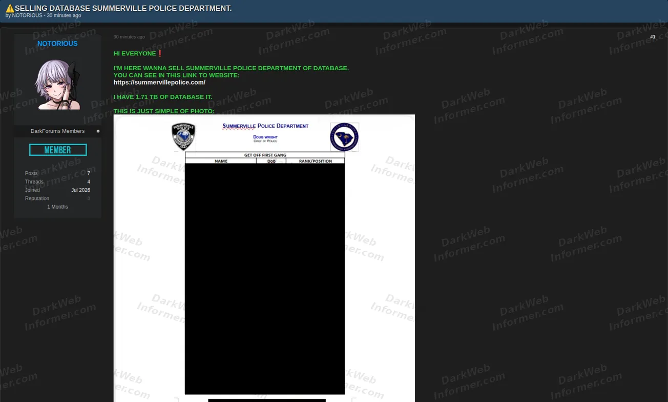 Forum listing offering files attributed to a South Carolina police department for sale, August 2026