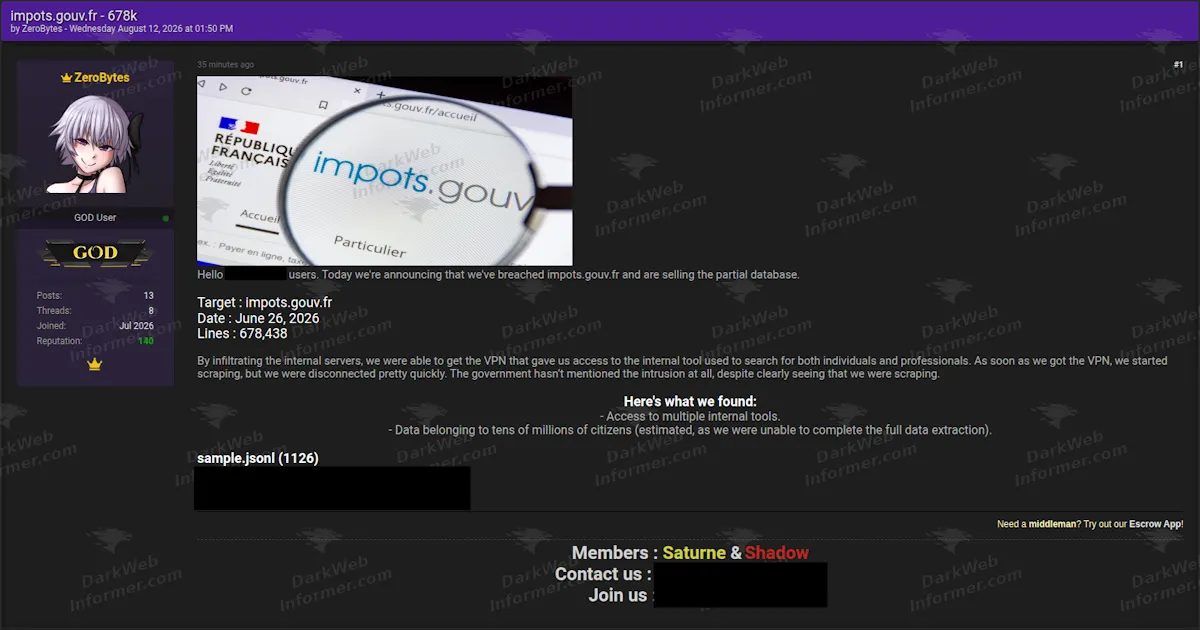 French Tax Administration Allegedly Breached via Internal VPN, 678,000 Taxpayer Records Offered