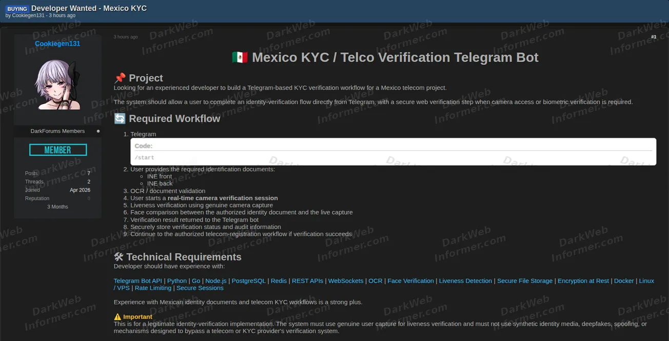 Mexico KYC telegram bot developer recruitment forum post screenshot, August 2026