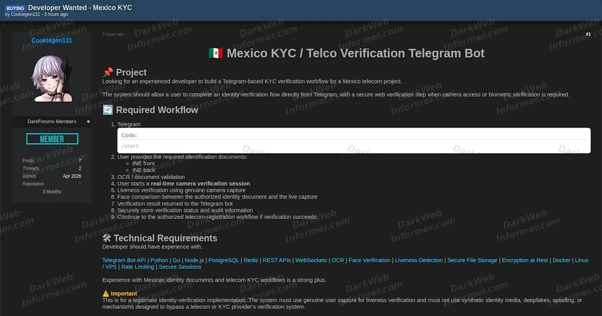 Developer Sought on a Breach Forum to Build a Mexican KYC Bot Capturing ID Scans and Face Biometrics