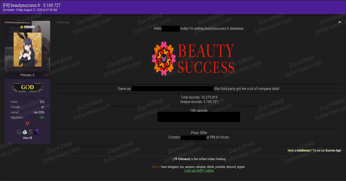 French Beauty Retailer Data Allegedly Up for Sale, With the Seller Crediting a Third Party Source