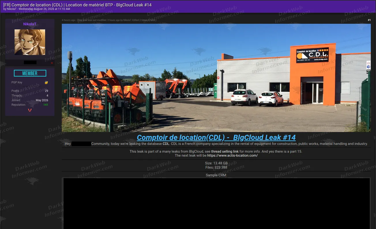 Forum post publishing data attributed to Comptoir de Location as the fourteenth in a series of platform leaks, August 2026