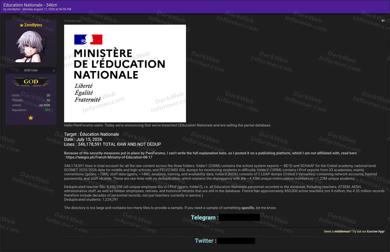 French Ministry of Education database sale forum post screenshot, August 2026