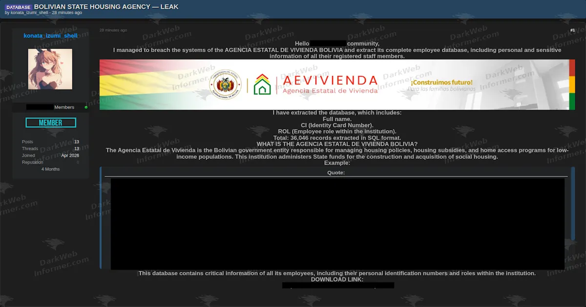 Bolivia's State Housing Agency Allegedly Breached, 36,046 Staff Records With Identity Numbers Published