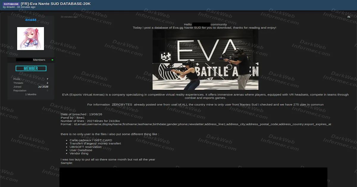 EVA VR Arena Data Allegedly Leaked, 20,000 Customers Exposed and €1M in Gift Cards Generated