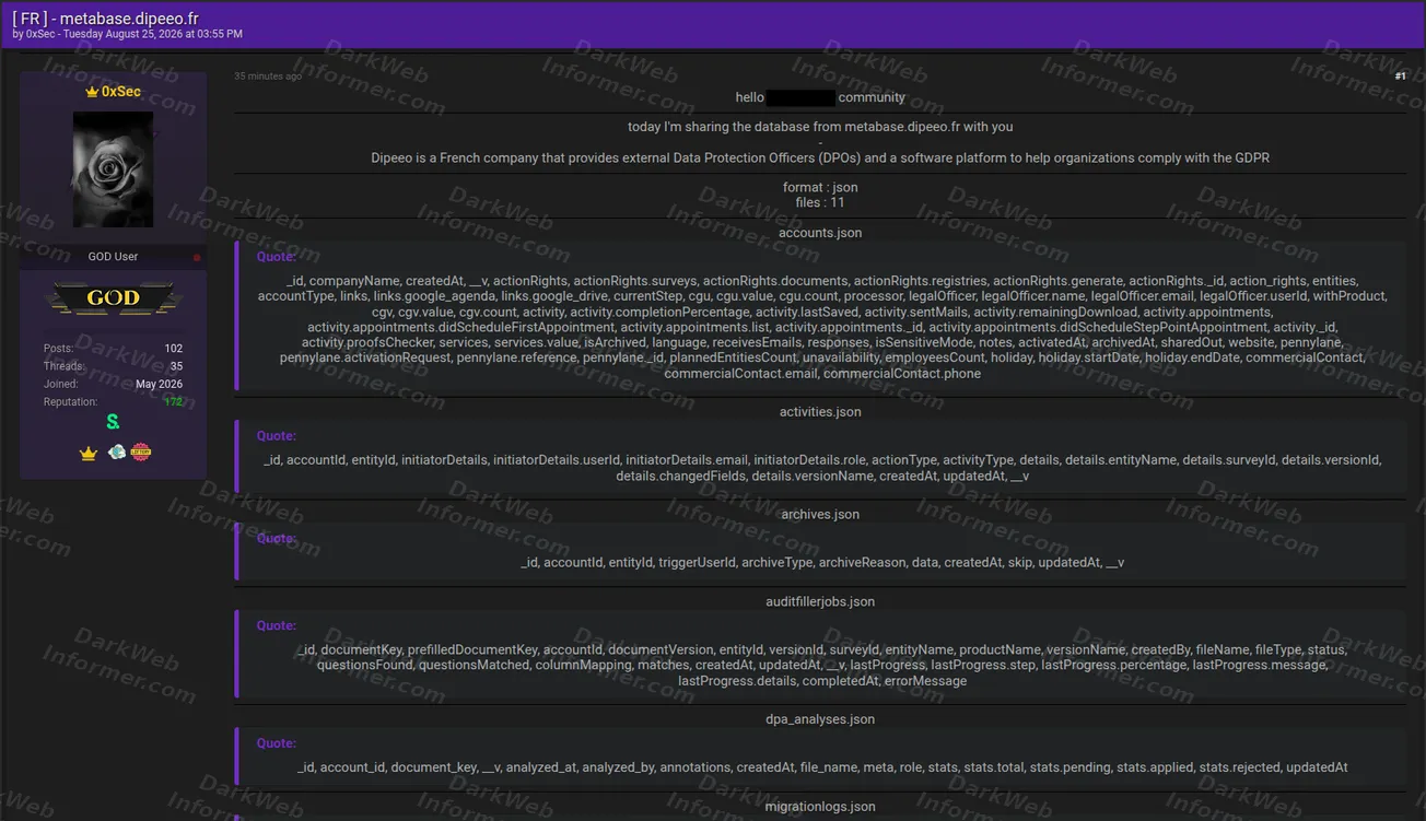 Forum post publishing collections attributed to the French GDPR compliance provider Dipeeo, August 2026