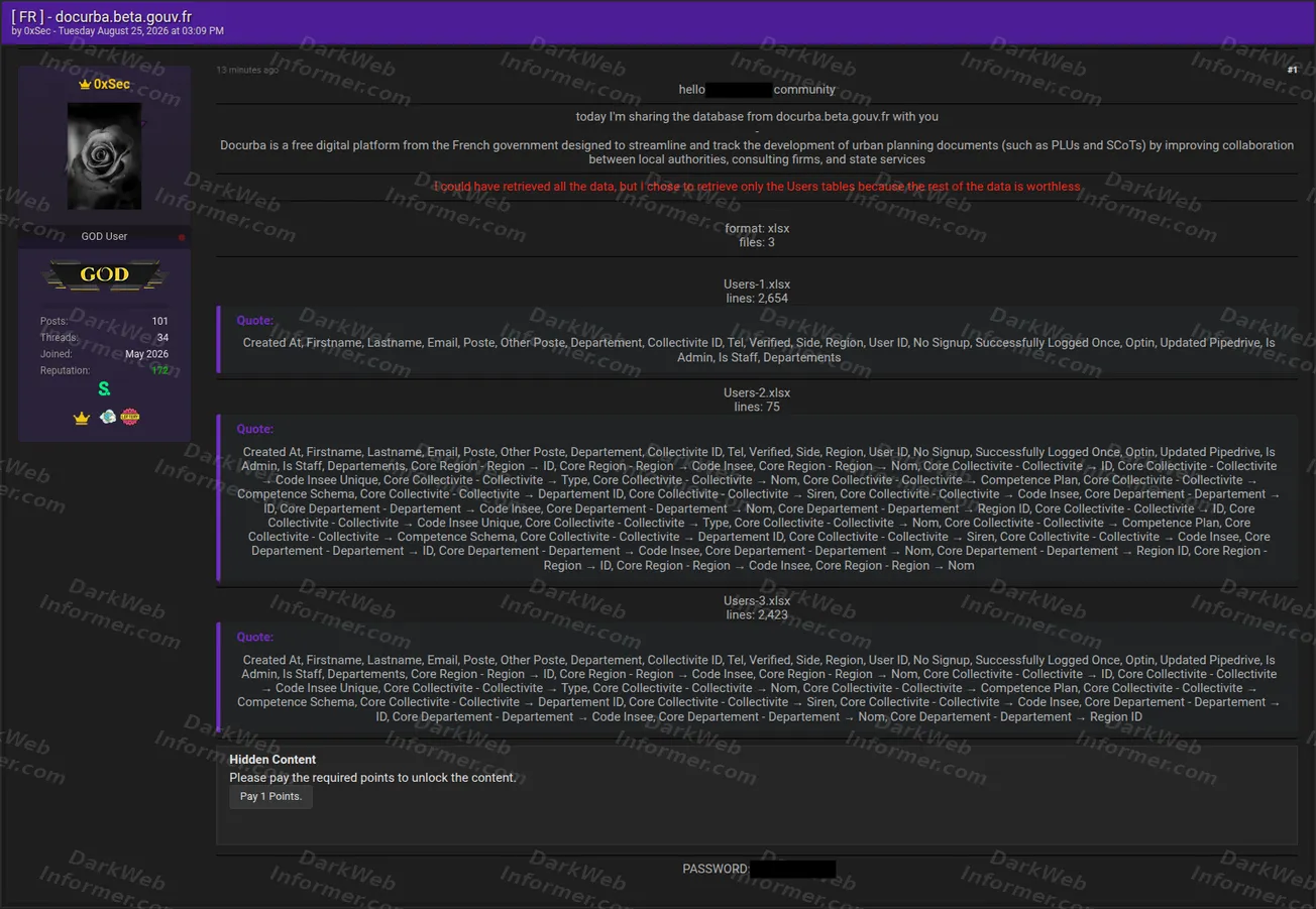 Forum post publishing user tables attributed to the French government platform docurba.beta.gouv.fr, August 2026